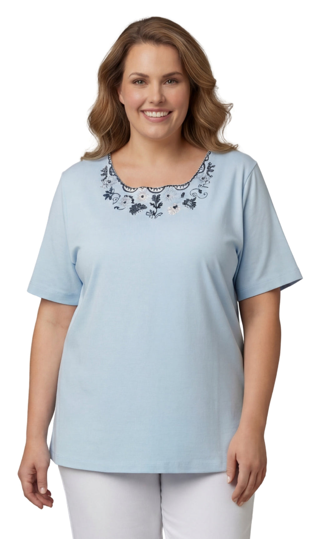 Women's Scalloped Neckline Embellished Tee