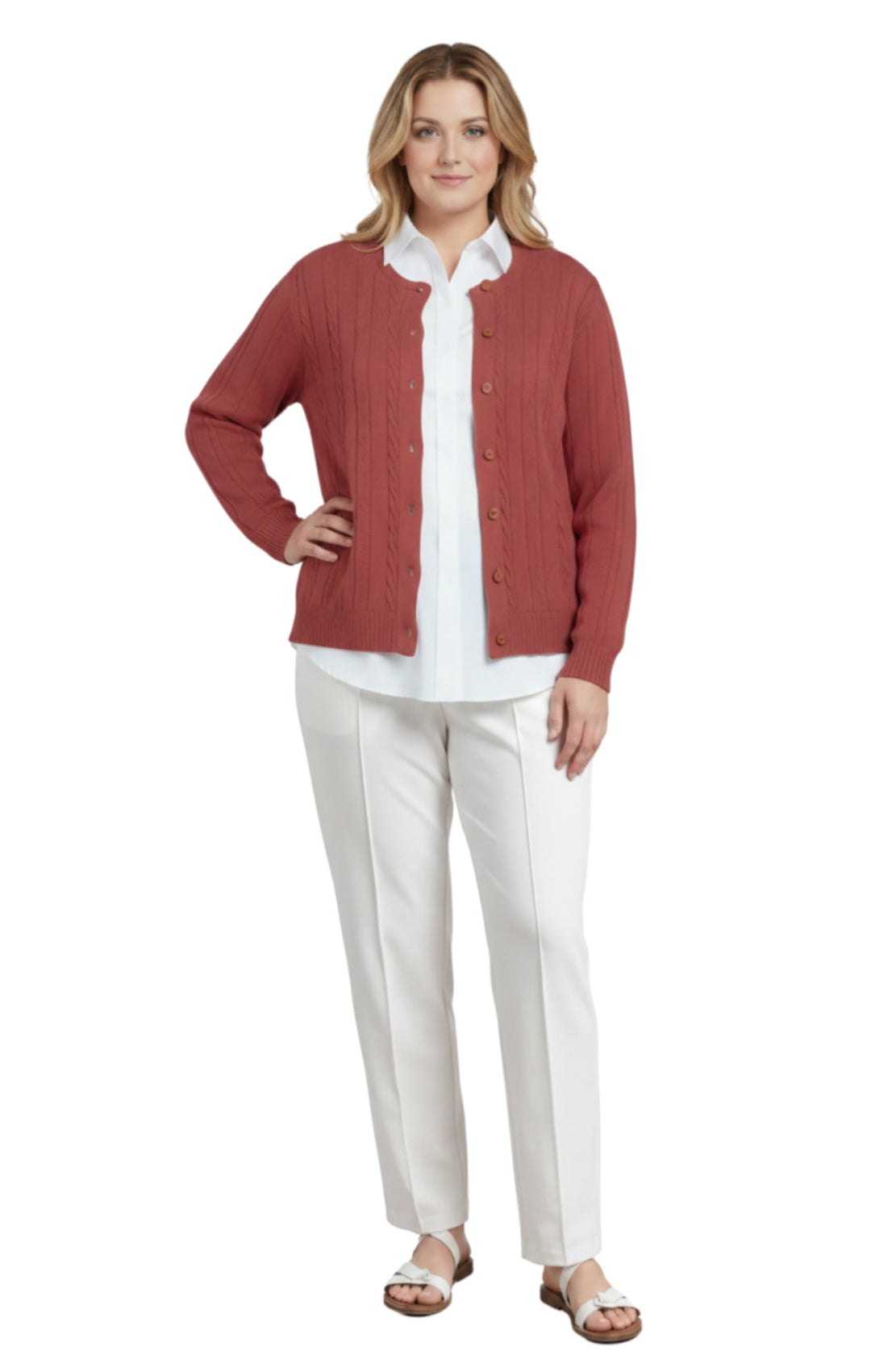 Women's Classic Button Front Cable Knit Cardigan in Soft Acryllic