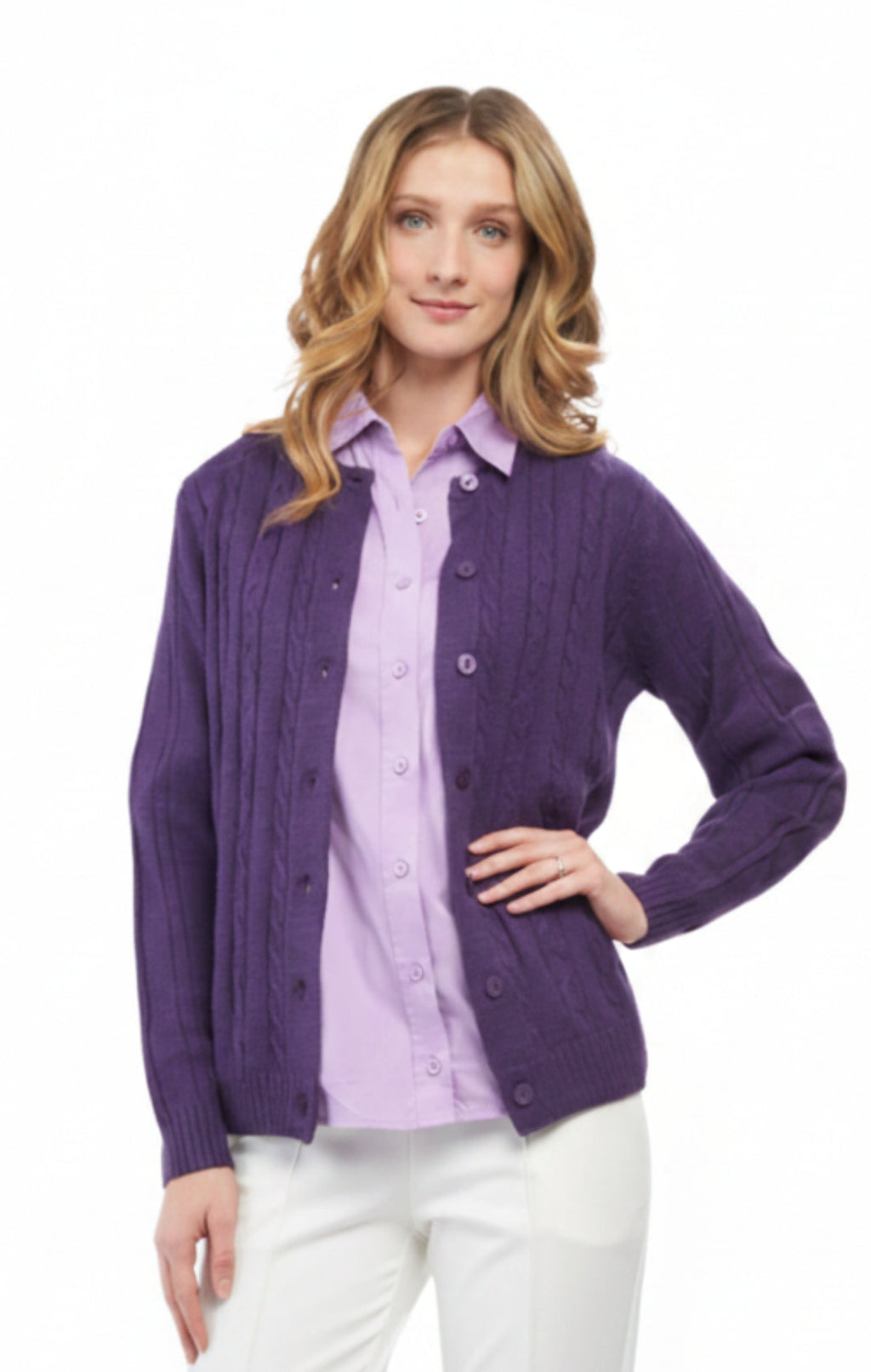 Women's Classic Button Front Cable Knit Cardigan in Soft Acryllic